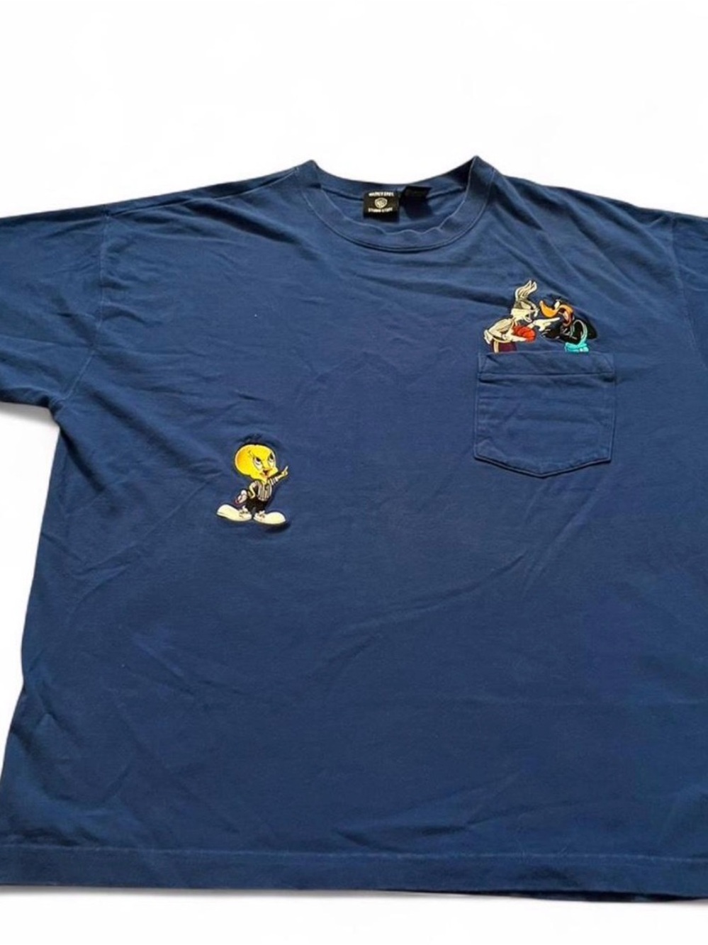 Vintage 1996 Embroidered Looney Tunes Pocket T Shirt Blue Size L